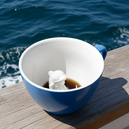 Ocean blue Dolphin Creature Cup interior on a wooden ledge on a boat overlooking the ocean