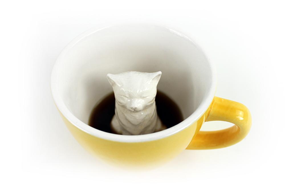 Creature Cups Cat Stretch Ceramic Cup (11 Ounce, Dark Grey) - Hidden Animal Inside - Stretching Kitty Cat Mug - Birthday and Housewarming Gift for